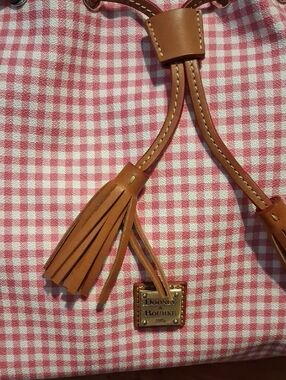 Dooney & Bourke Pink Gingham Tote with Tan Leather Trim and Gold Plaque